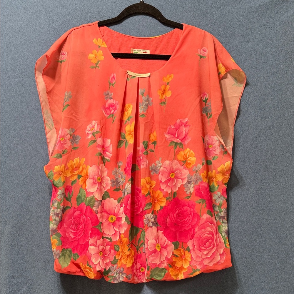 Pink and Orange Vibrant Floral Blouse Size M Used Made in Italy